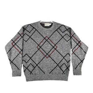 Vintage London Fog Argyle Sweater Gray‎ Black USA Wool Blend Mens Size X-Large